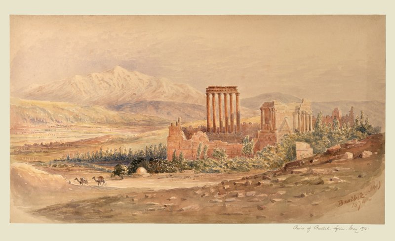 Amelia B. Edwards, Ruins of Baalbek, Syria, watercolour, May 1874 &ndash; the temple columns at the right, a valley sweeping toward the snow-streaked Anti-Lebanon
