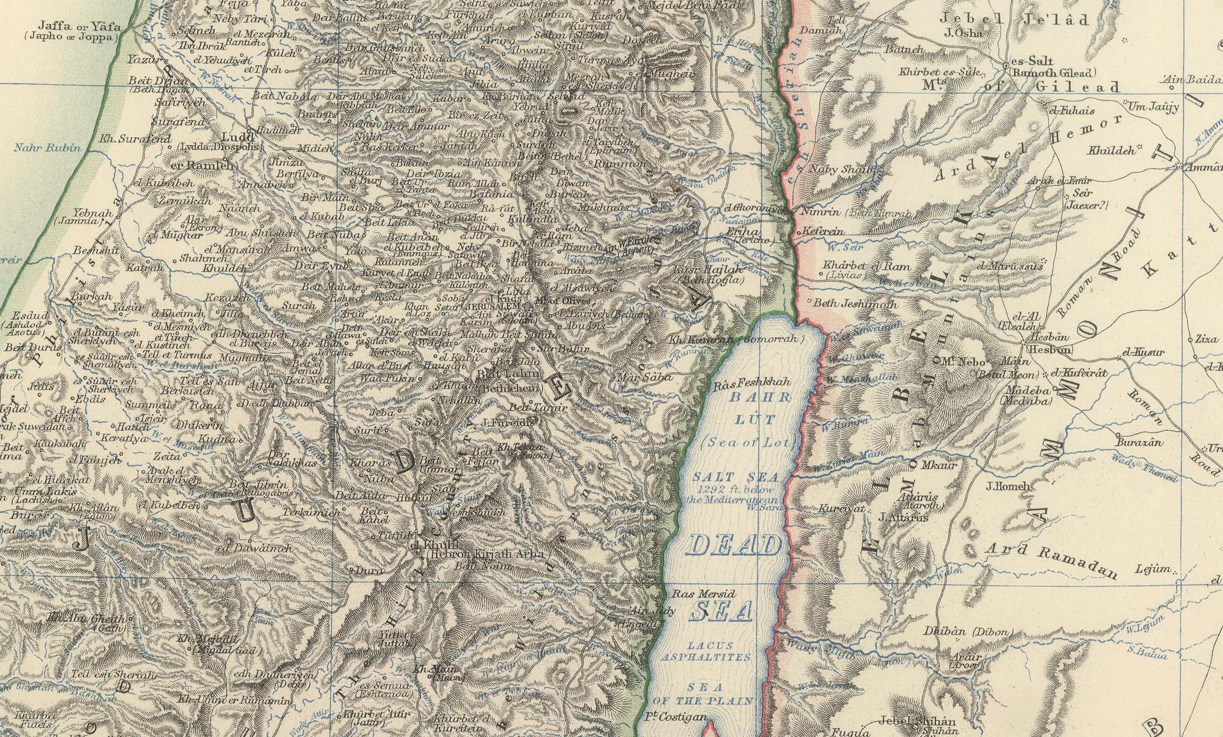 Detail of an 1893 English map of Palestine: the coast at Jaffa or Yafa, Jerusalem, Jericho and the hill country, with the Arabic place names in English transliteration
